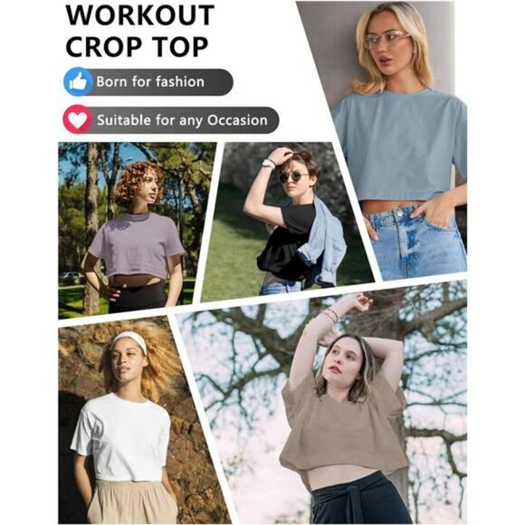 Womens Crop Top Short Sleeve Workout Shirts Gym Yoga Running Loose Fit Tees - Picture 6 of 7